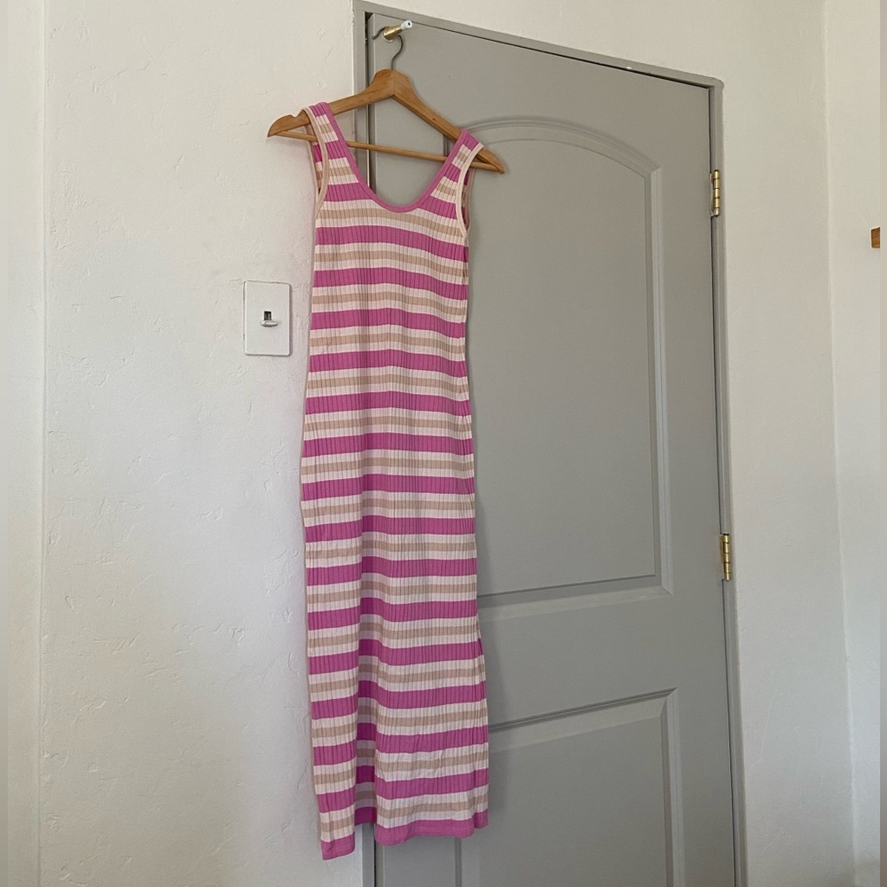 Ribbed Striped Pink and White Tank Midi Dress